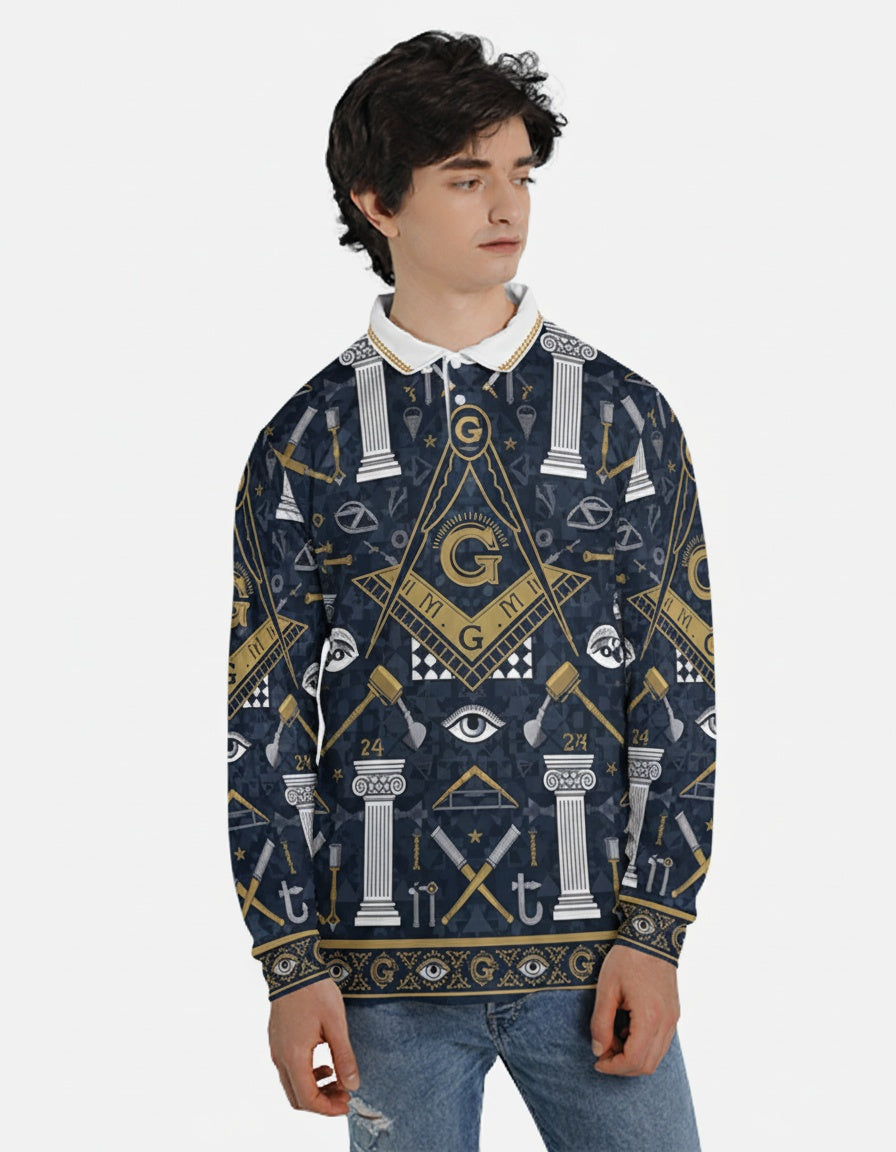 MasonView | All-over Print Men's Long Sleeve Polo Shirt (Lightweight)